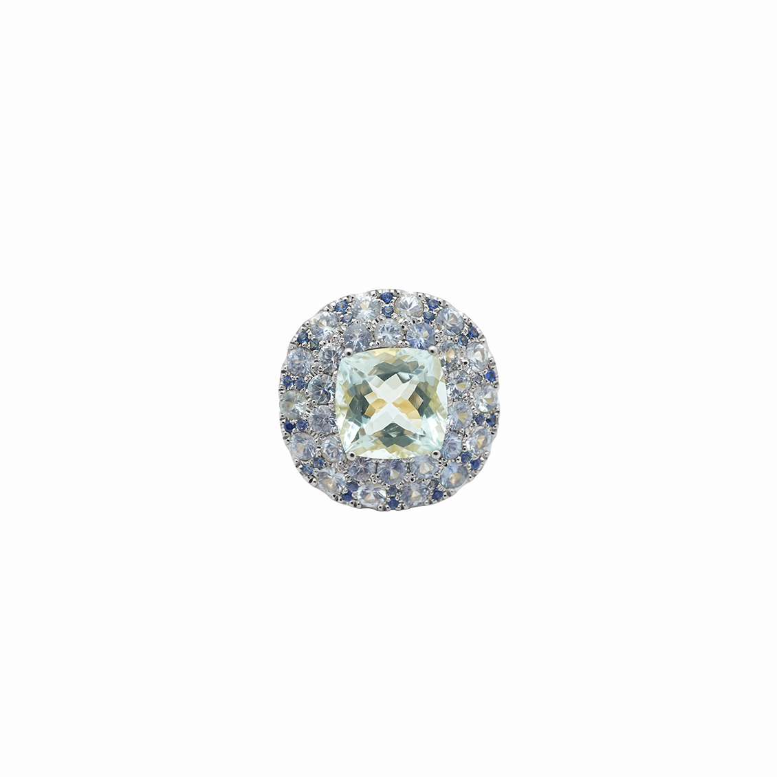 Anillo en oro amarillo 18K aquamarina cushion y zafiros y aro liso