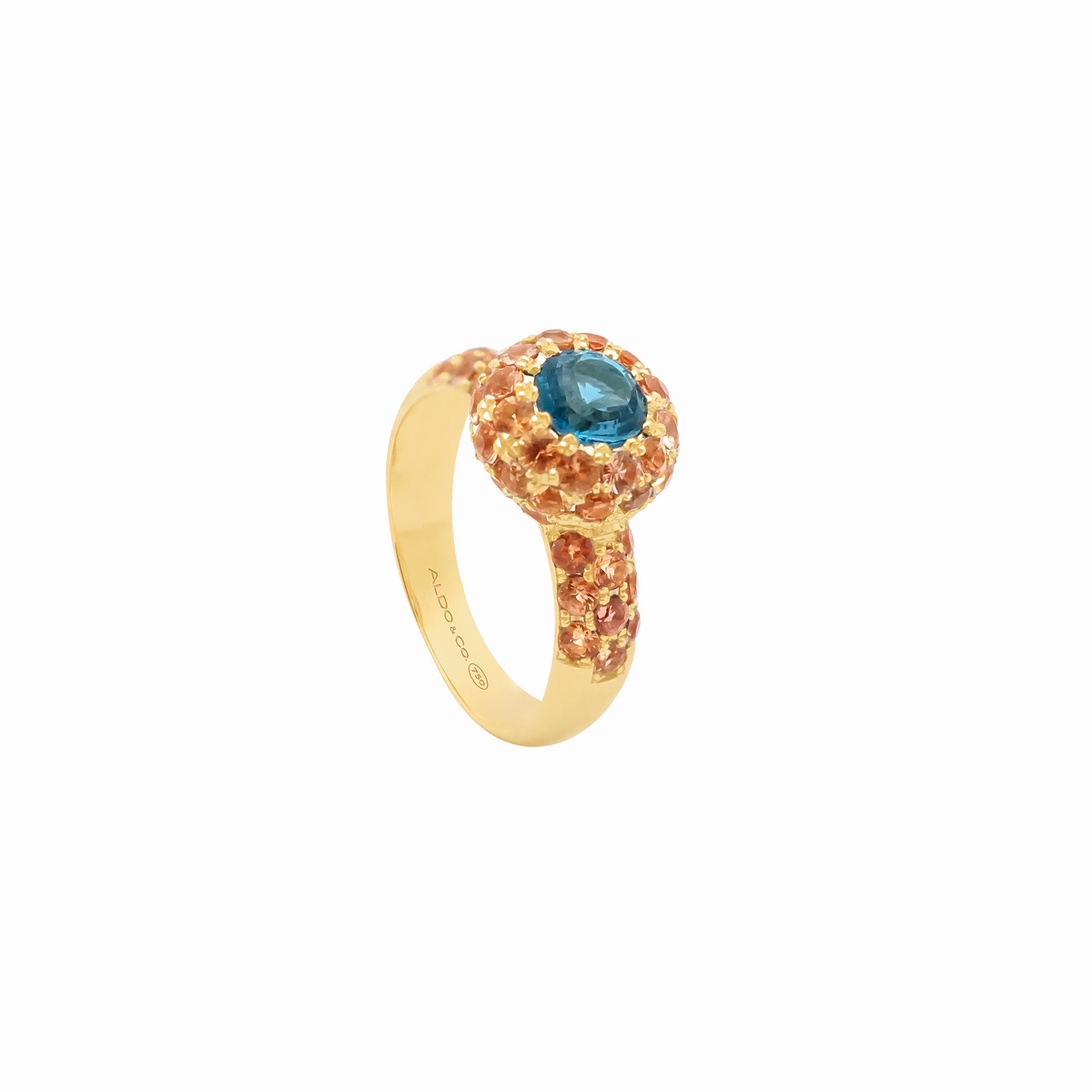 Anillo en oro amarillo 18K topacio london blue redondo