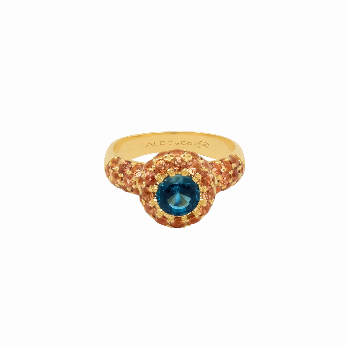 Anillo en oro amarillo 18K topacio london blue redondo