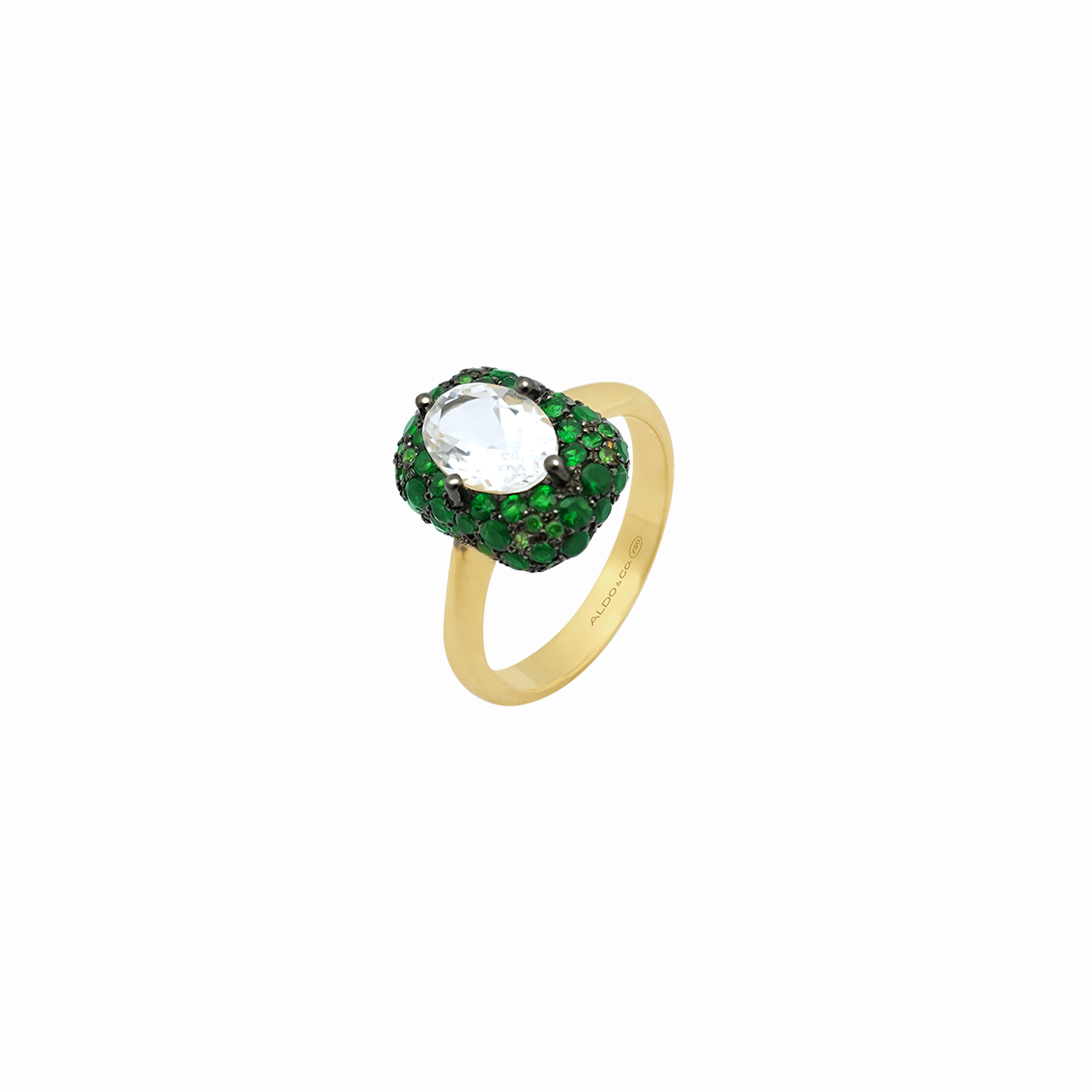 Anillo en oro amarillo 18K cuarzo cristal y tsavoritas con rodio negro
