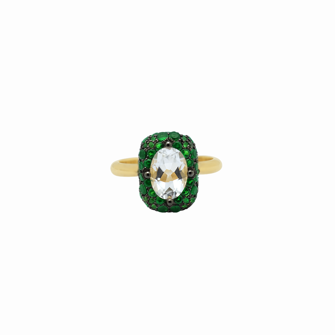 Anillo en oro amarillo 18K cuarzo cristal y tsavoritas con rodio negro