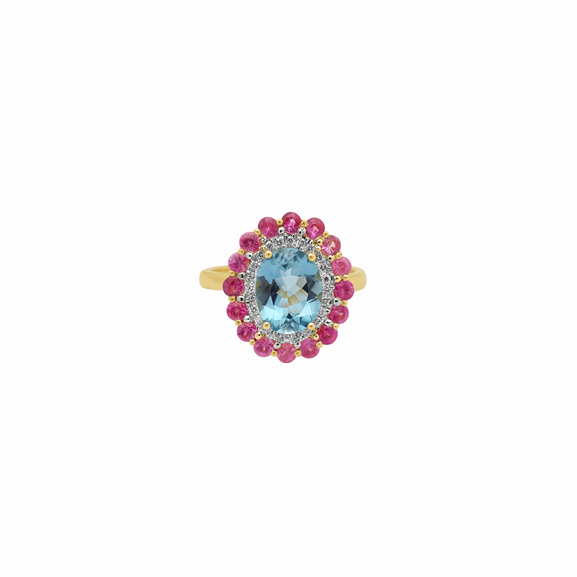 Anillo en oro amarillo 18K topacio oval y zafiros rosados