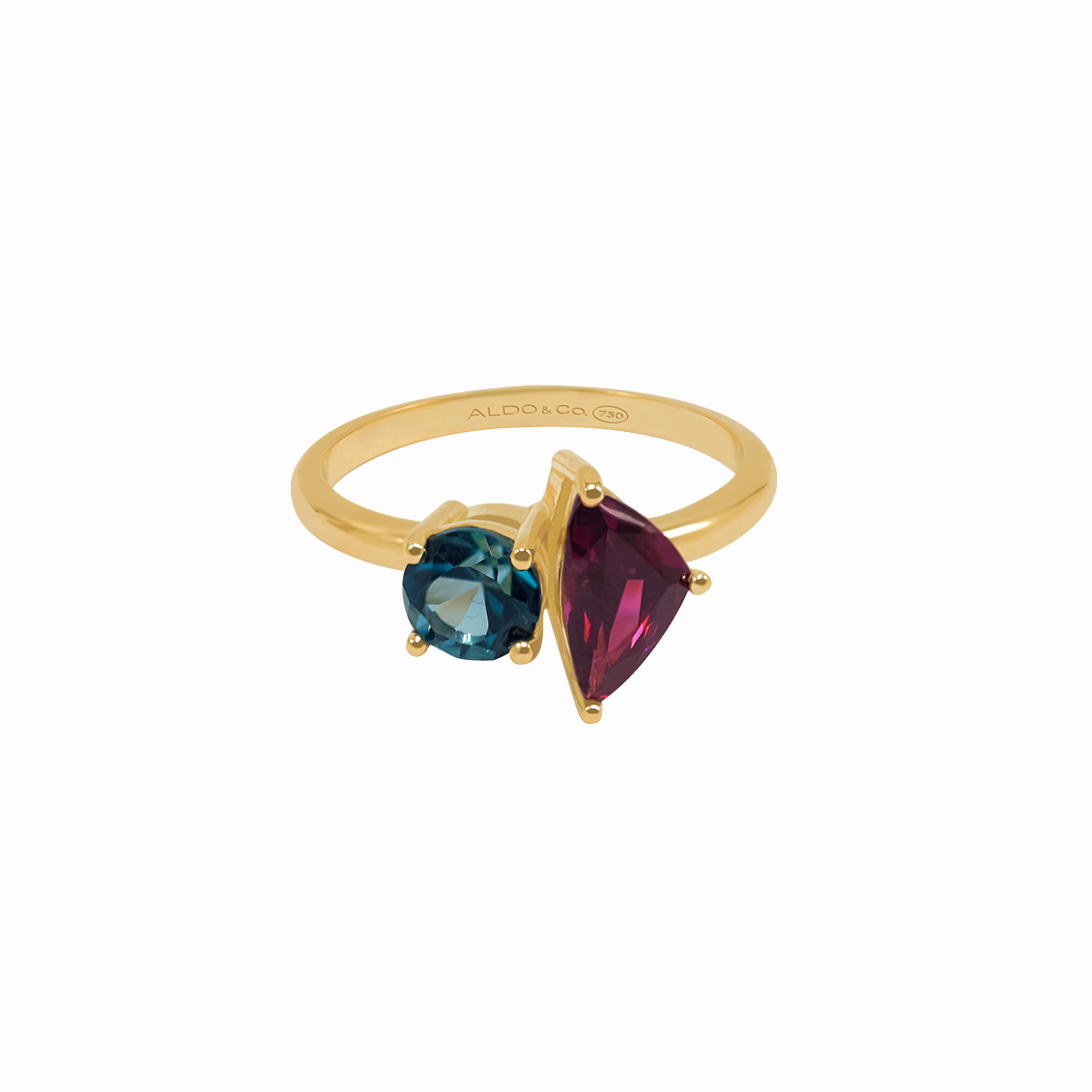 Anillo en oro amarillo 18K topacio London Blue y rodolita trillant