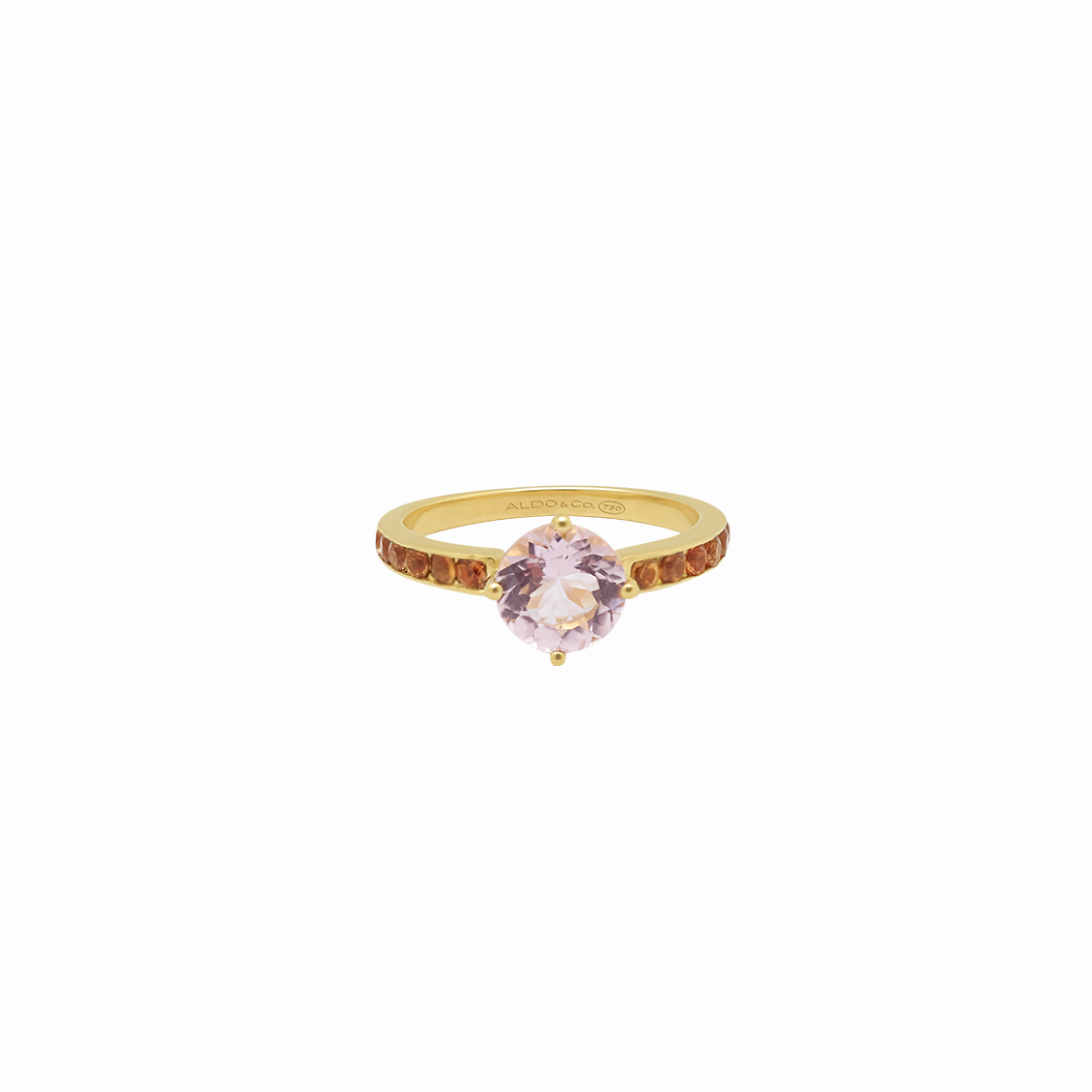 Anillo en oro amarillo 18K 4 uñas con morganita y zafiros melón redondos