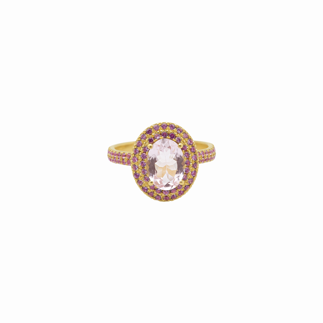 Anillo en oro amarillo 18K con morganita doble halo zafiro lila