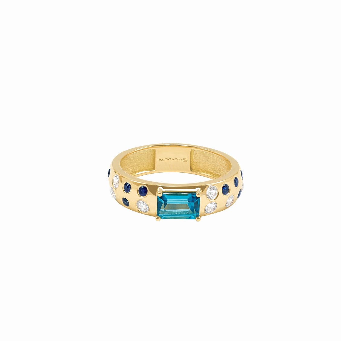Anillo en oro amarillo 18K corte esmeralda con zafiros azules y blancos