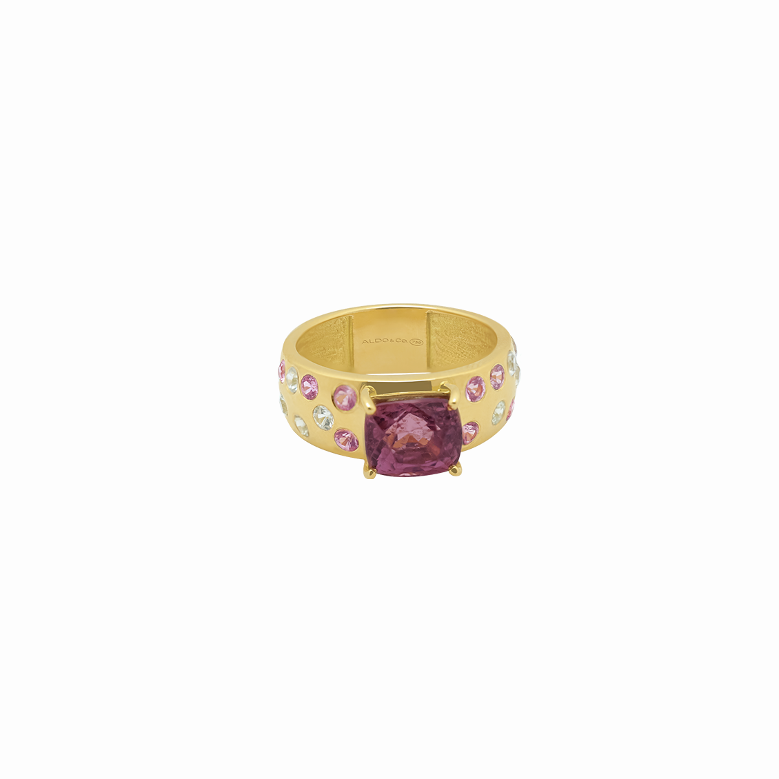 Anillo en oro amarillo 18K corte cushion zafiros rosados y blancos salpicados