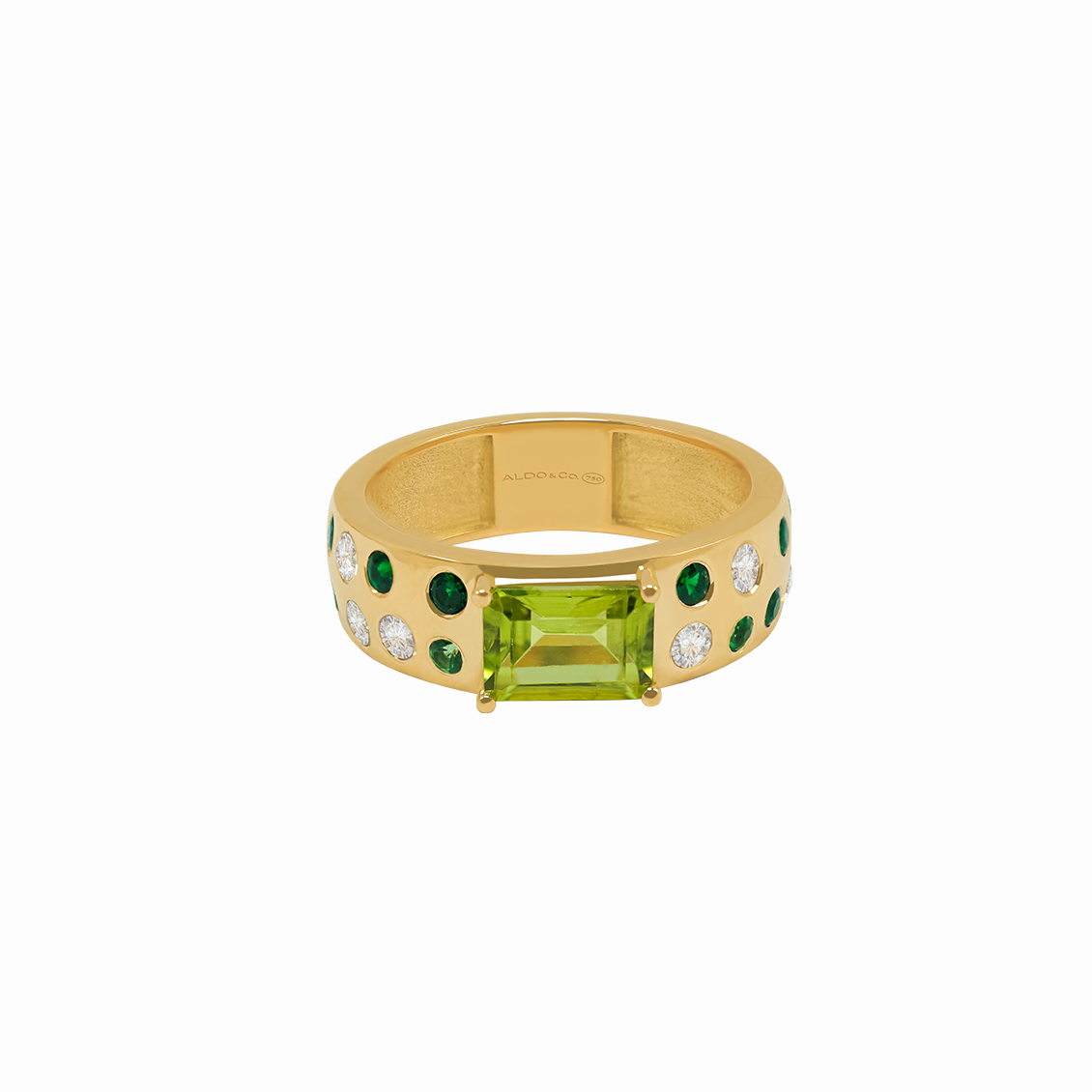 Anillo en oro amarillo 18K con peridoto corte esmeralda, zafiro blanco y tsavorita