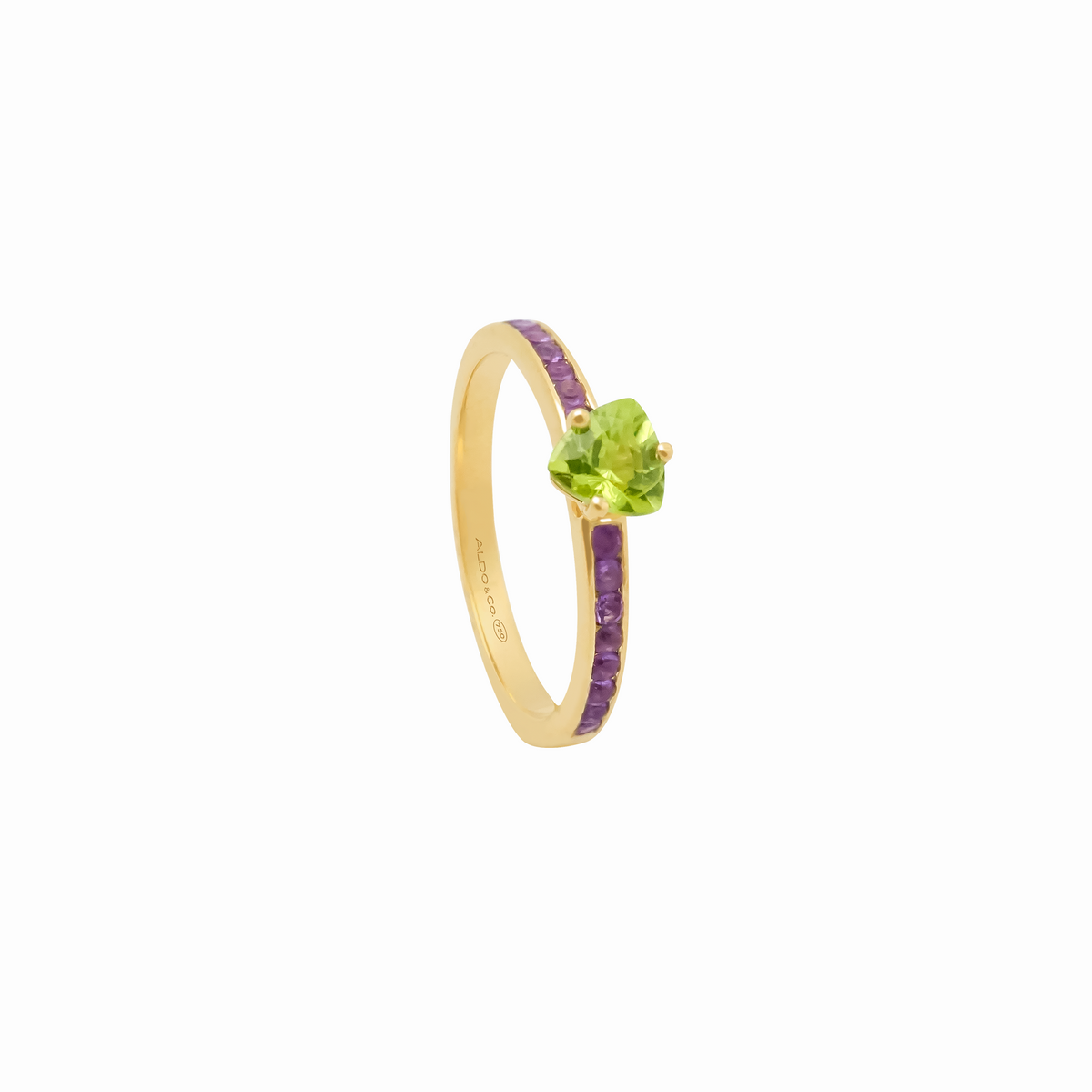 Anillo en oro amarillo 18K peridoto trillant medio reviere con amatistas