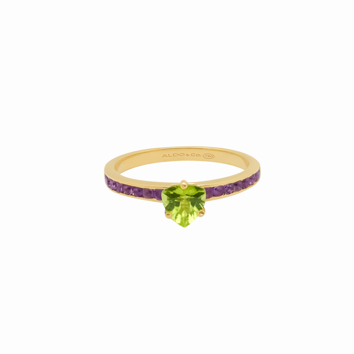 Anillo en oro amarillo 18K peridoto trillant medio reviere con amatistas