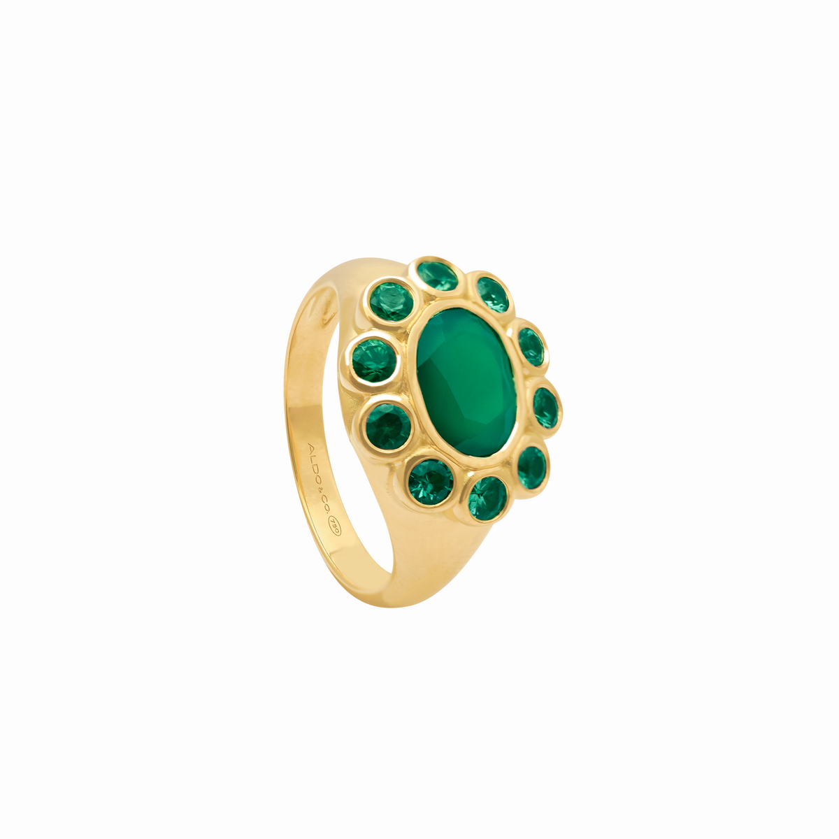 Anillo en oro amarillo de 18K con ágata verde oval y zafiros verdes azulados