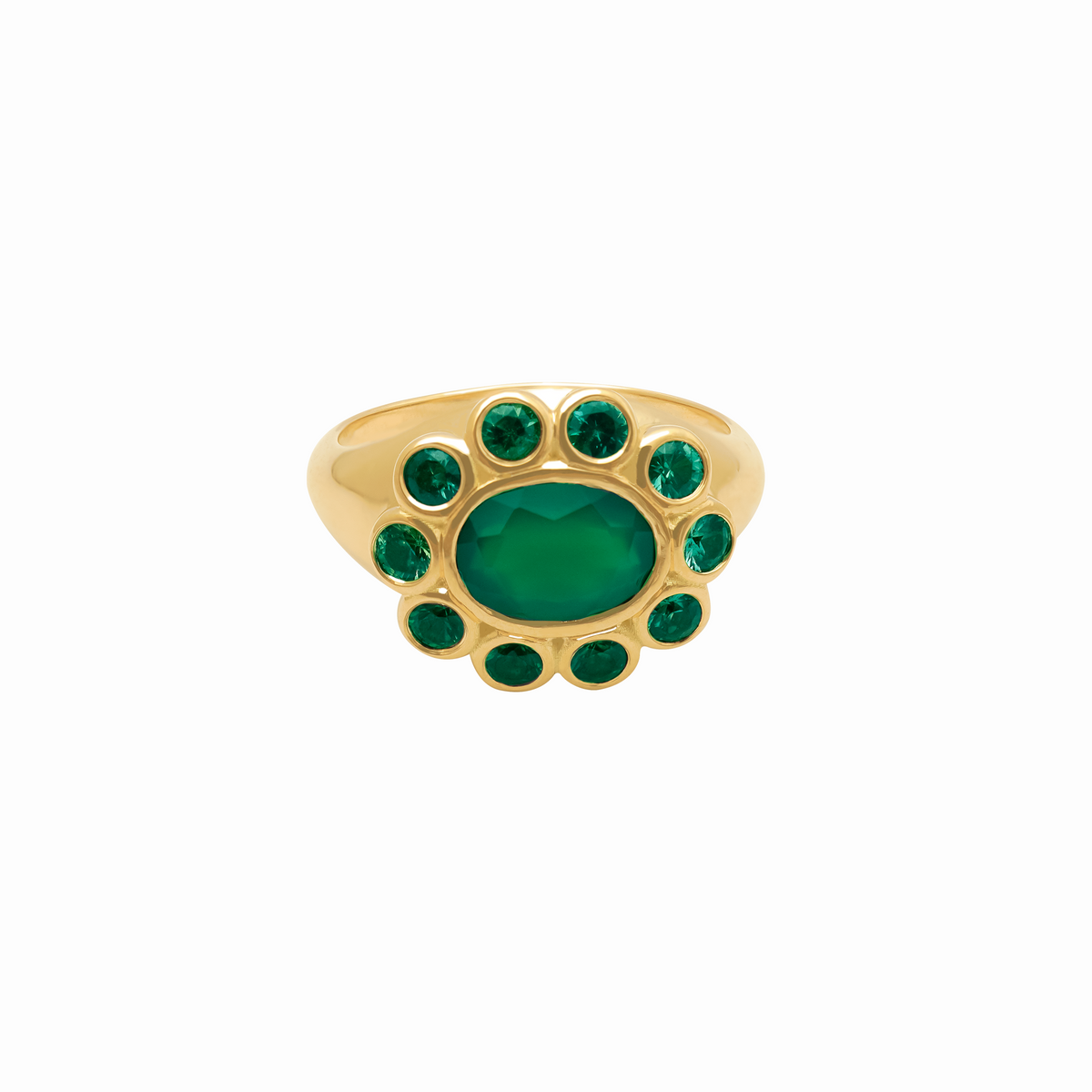Anillo en oro amarillo de 18K con ágata verde oval y zafiros verdes azulados