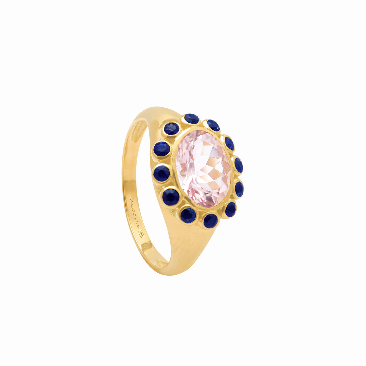 Anillo en oro amarillo de 18K con morganita rosa y zafiros
