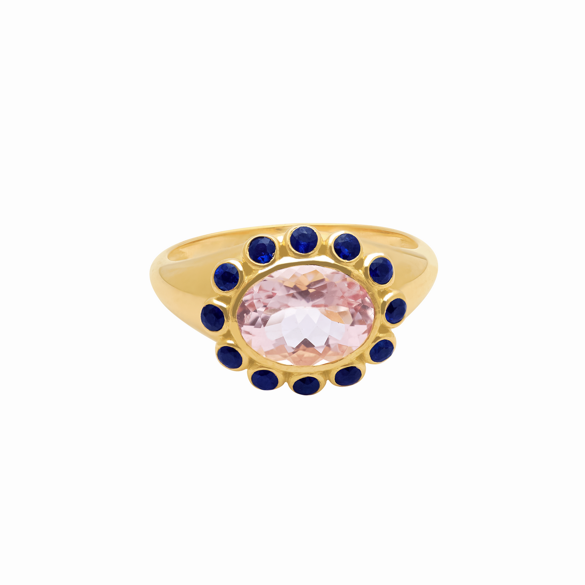 Anillo en oro amarillo de 18K con morganita rosa y zafiros