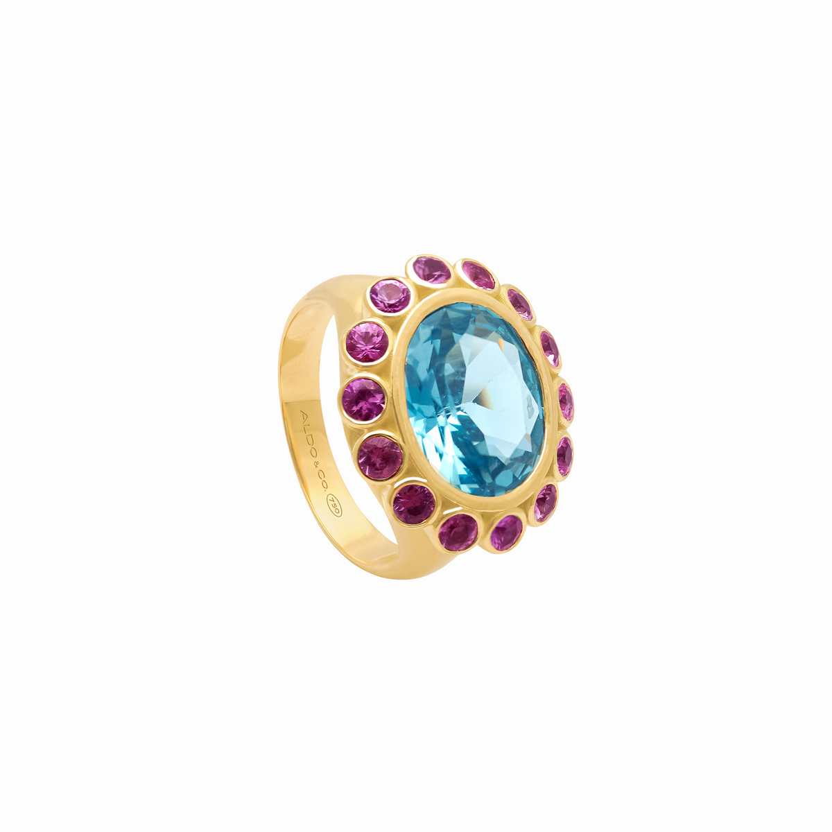 Anillo en oro amarillo de 18K con topacio london blue y zafiros morados