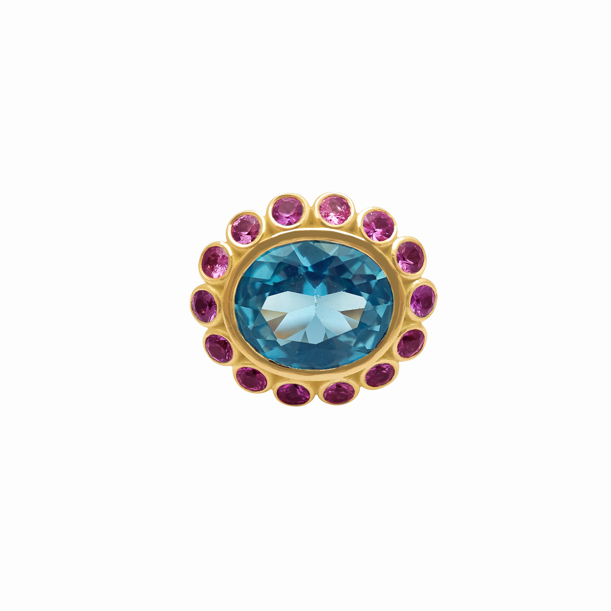 Anillo en oro amarillo de 18K con topacio london blue y zafiros morados