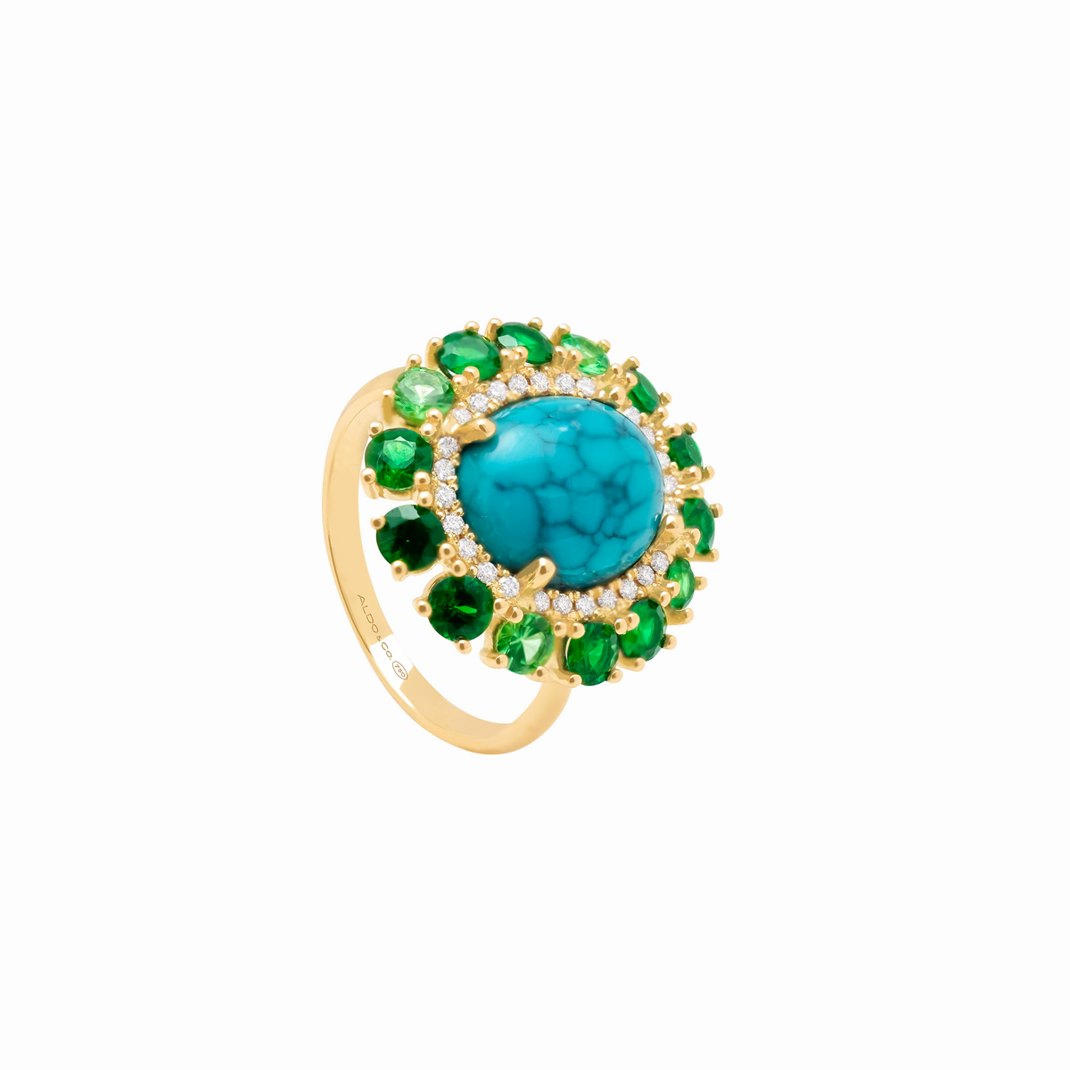 Anillo en oro amarillo de 18K con cabuchón tuqueza y tsavoritas