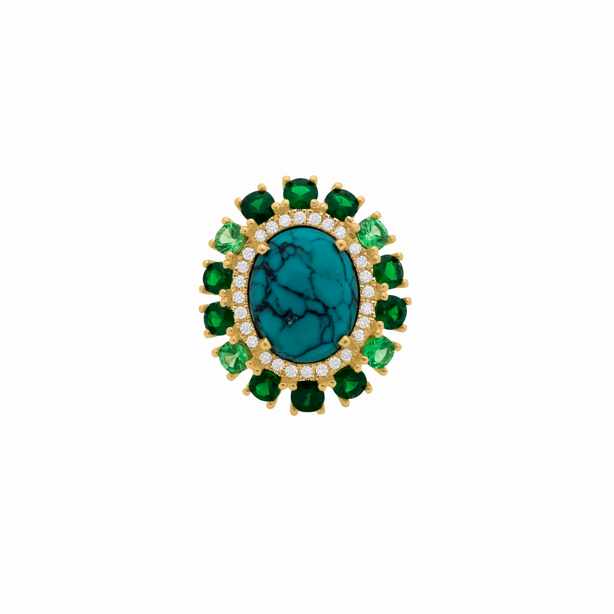 Anillo en oro amarillo de 18K con cabuchón tuqueza y tsavoritas