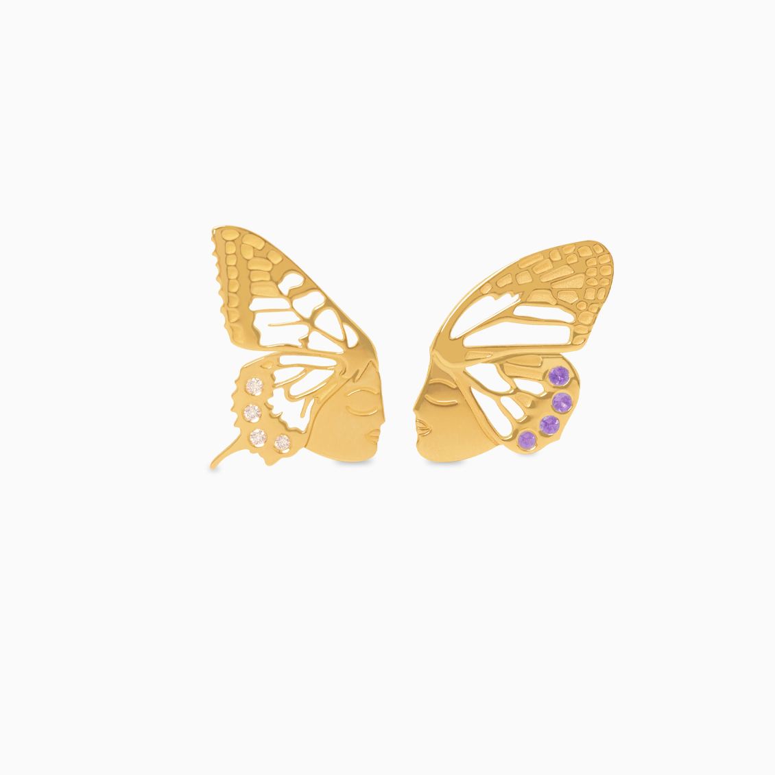 Aretes Almas Gemelas en oro amarillo de 18K forma mariposa con brillantes y amatistas