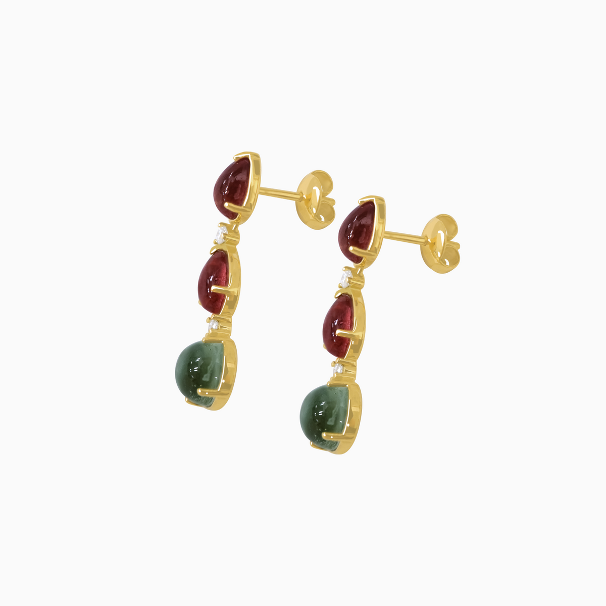 Aretes oro amarillo 18K colgantes con turmalina rosa, prasiolite y brillantes