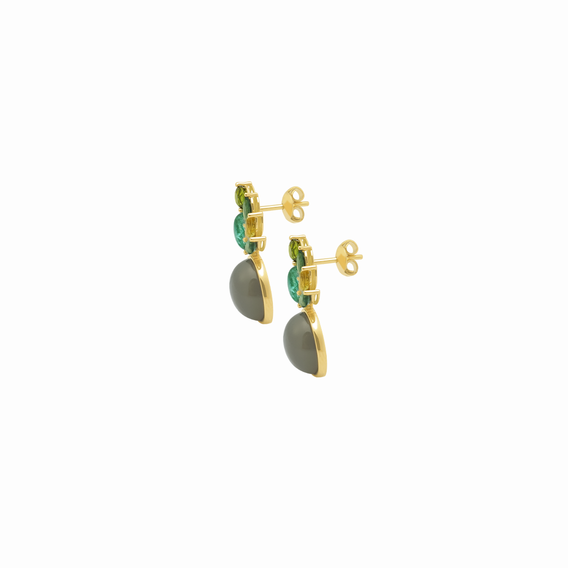 Aretes en oro amarillo 18K luna oval y zafiro verde, amatistas y turmalinas