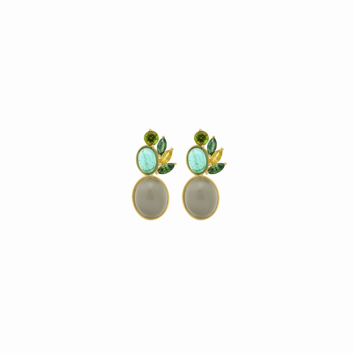 Aretes en oro amarillo 18K luna oval y zafiro verde, amatistas y turmalinas