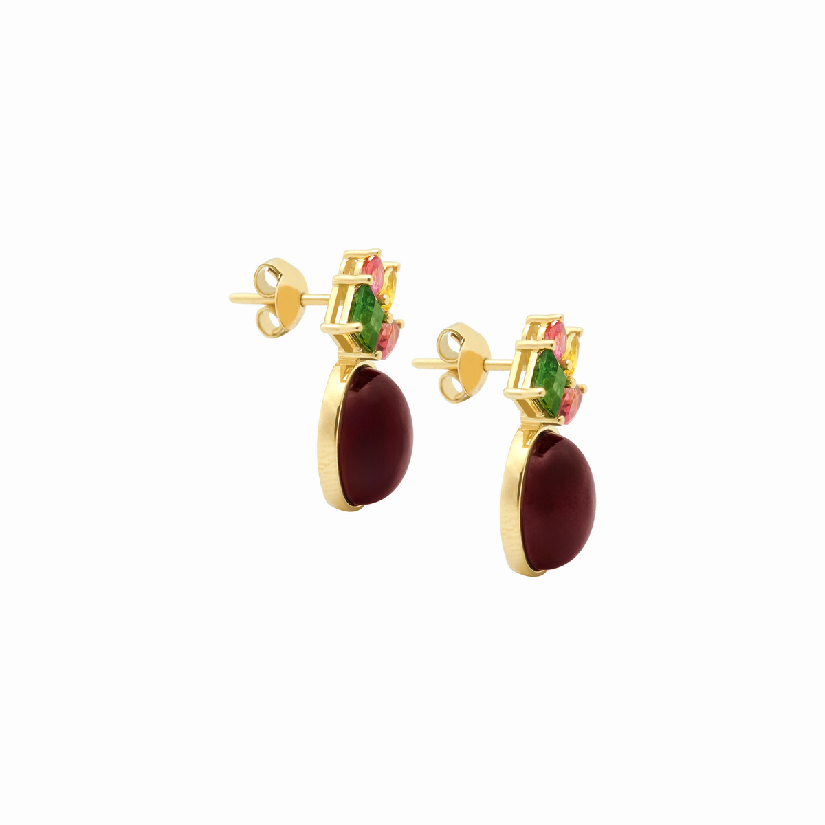 Aretes en oro amarillo 18K con granates turmalinas rosas y verdes