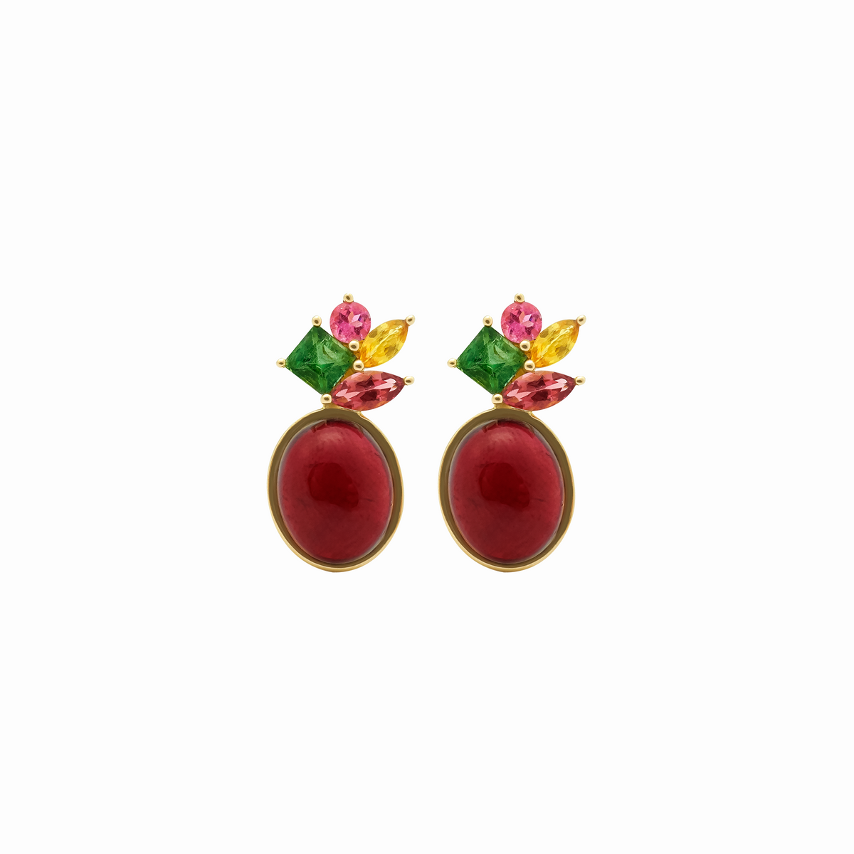Aretes en oro amarillo 18K con granates turmalinas rosas y verdes