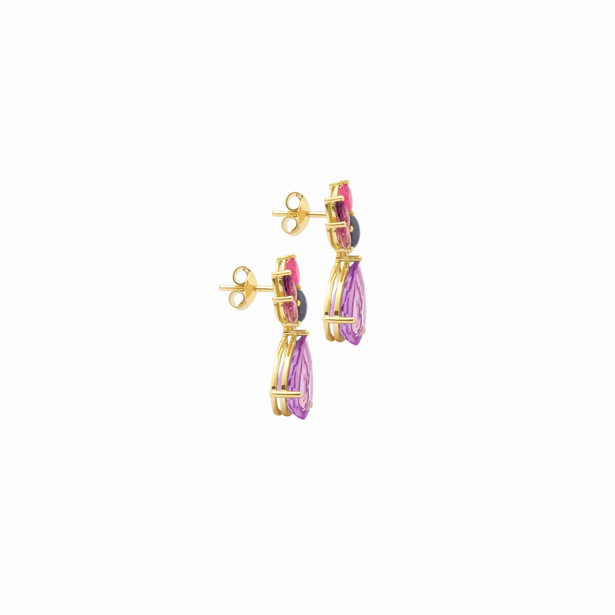 Aretes en oro amarillo 18K con amatista pera y zafiro morado y tumalina rosa e iolita