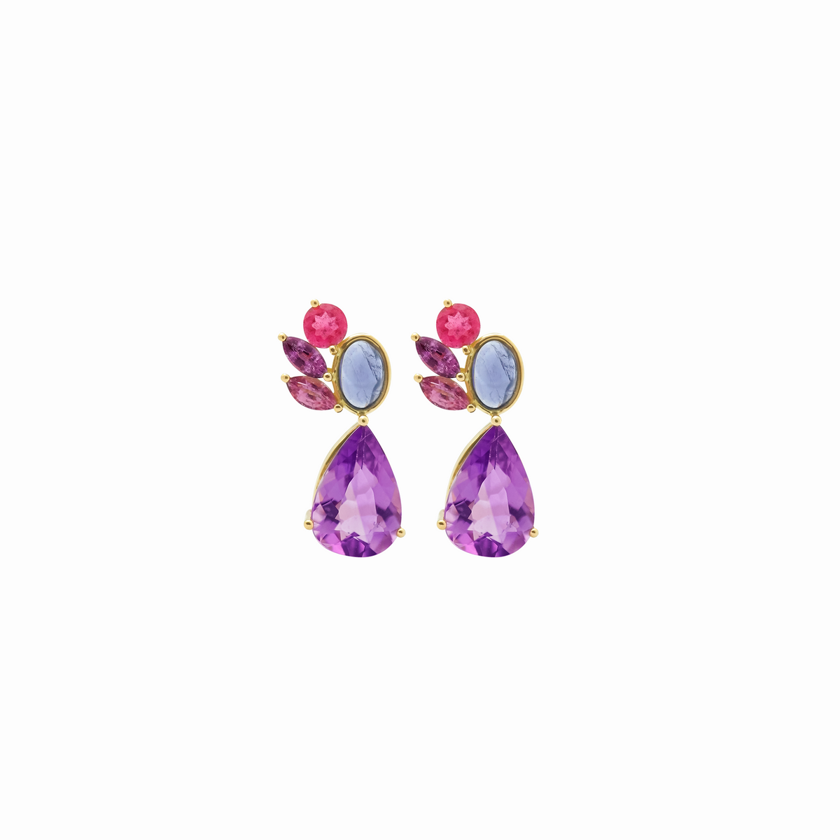 Aretes en oro amarillo 18K con amatista pera y zafiro morado y tumalina rosa e iolita