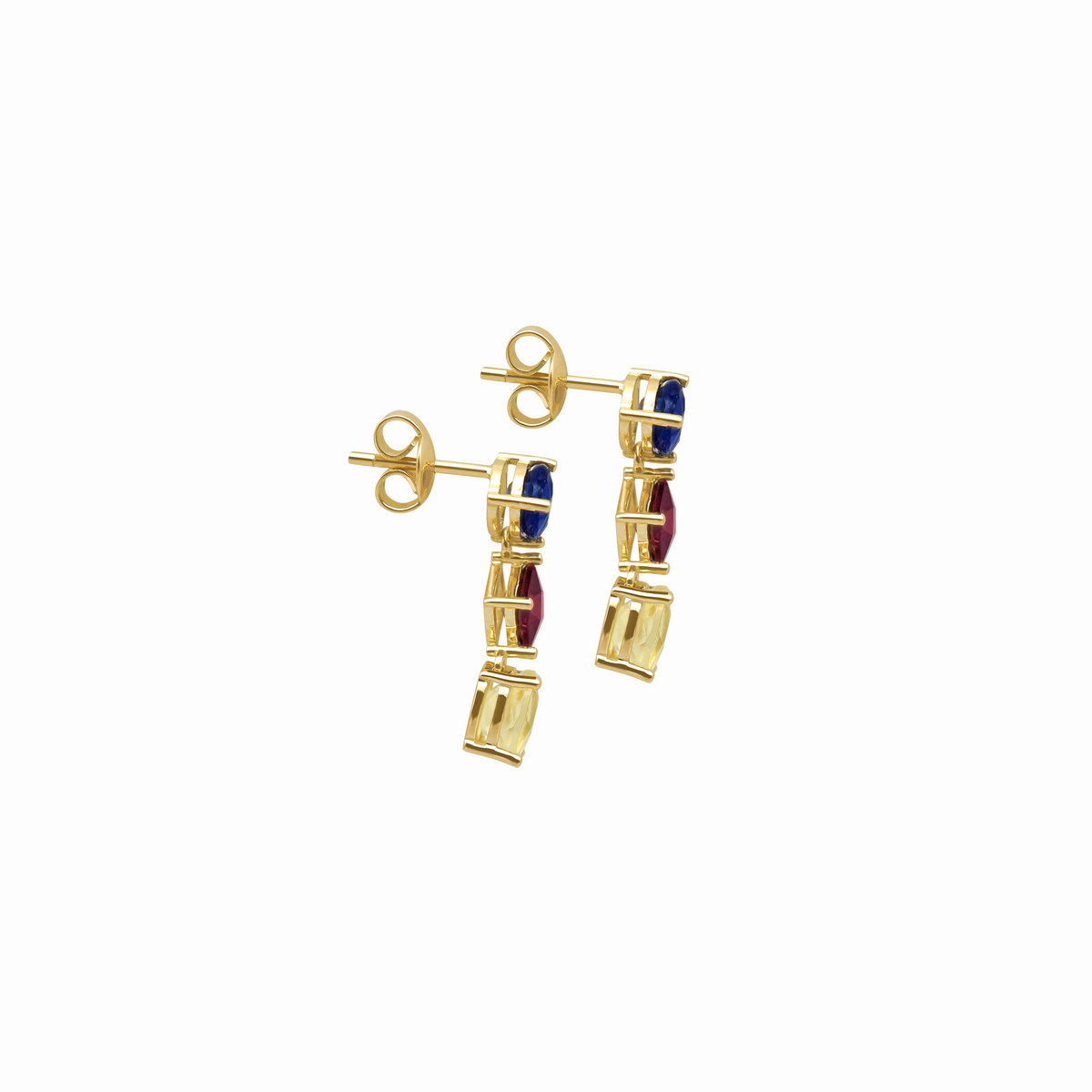 Aretes en oro amarillo de 18K con zafiro pera granate cushion citrino oval