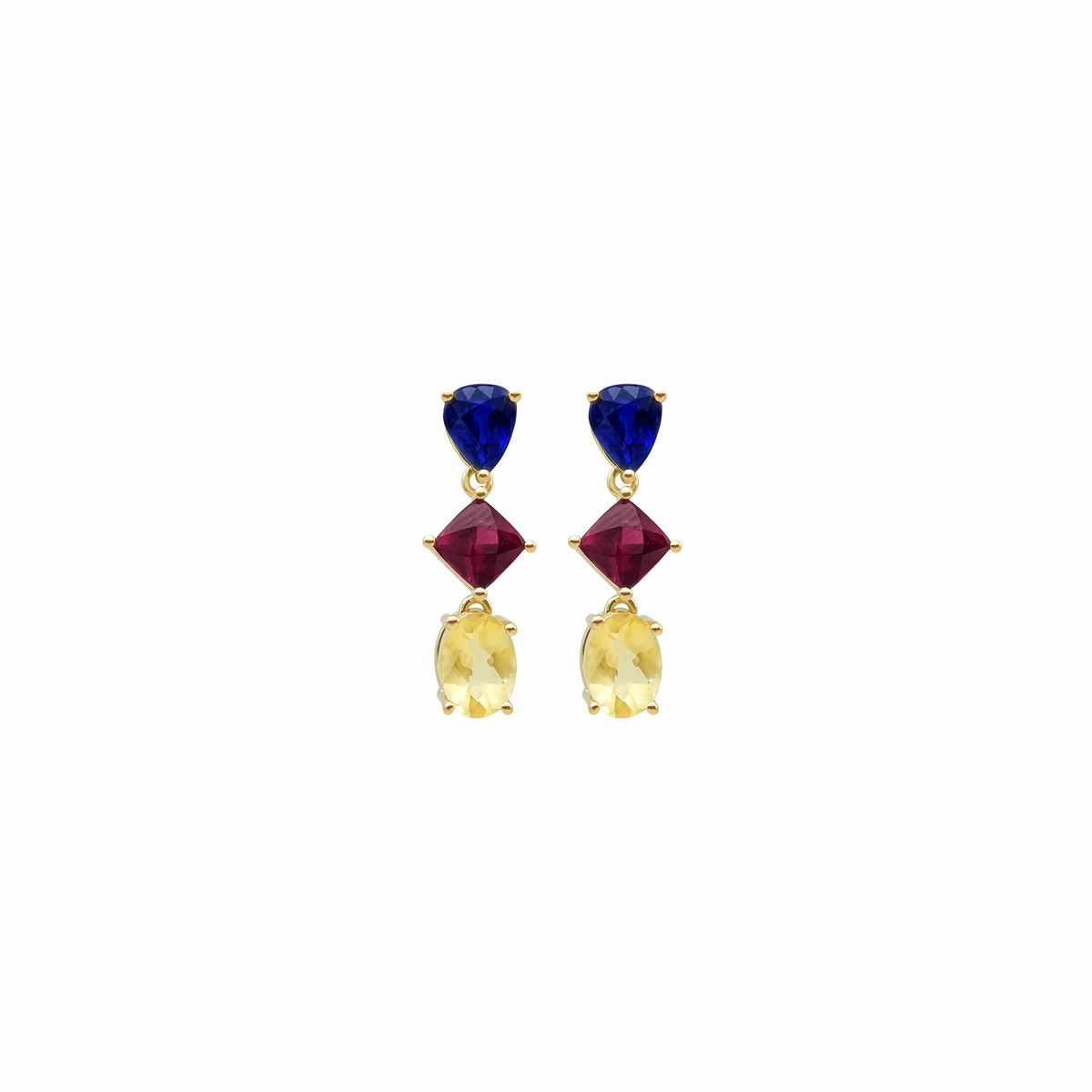 Aretes en oro amarillo de 18K con zafiro pera granate cushion citrino oval