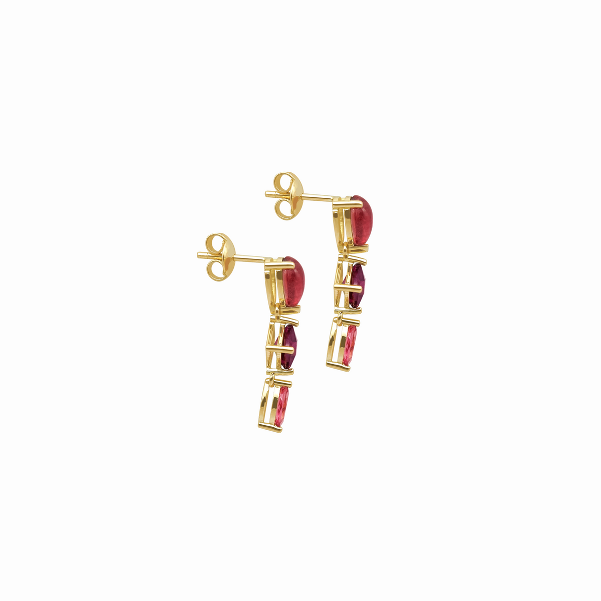 Aretes en oro amarillo 18K cabuchón pera granate cushion turmalina marquise rosa