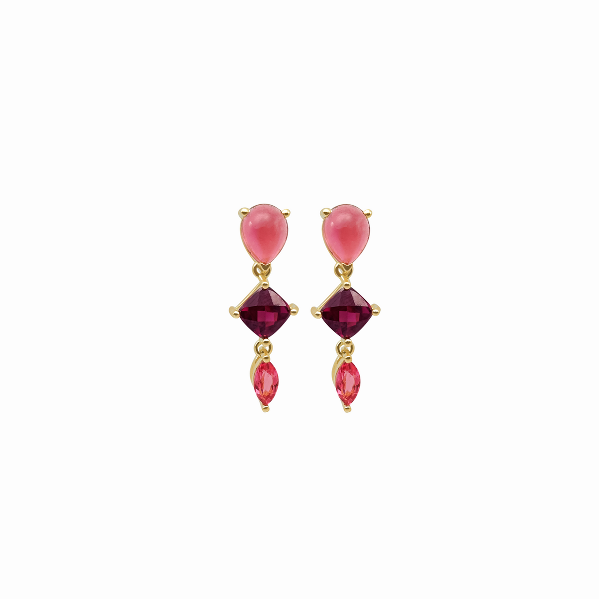 Aretes en oro amarillo 18K cabuchón pera granate cushion turmalina marquise rosa
