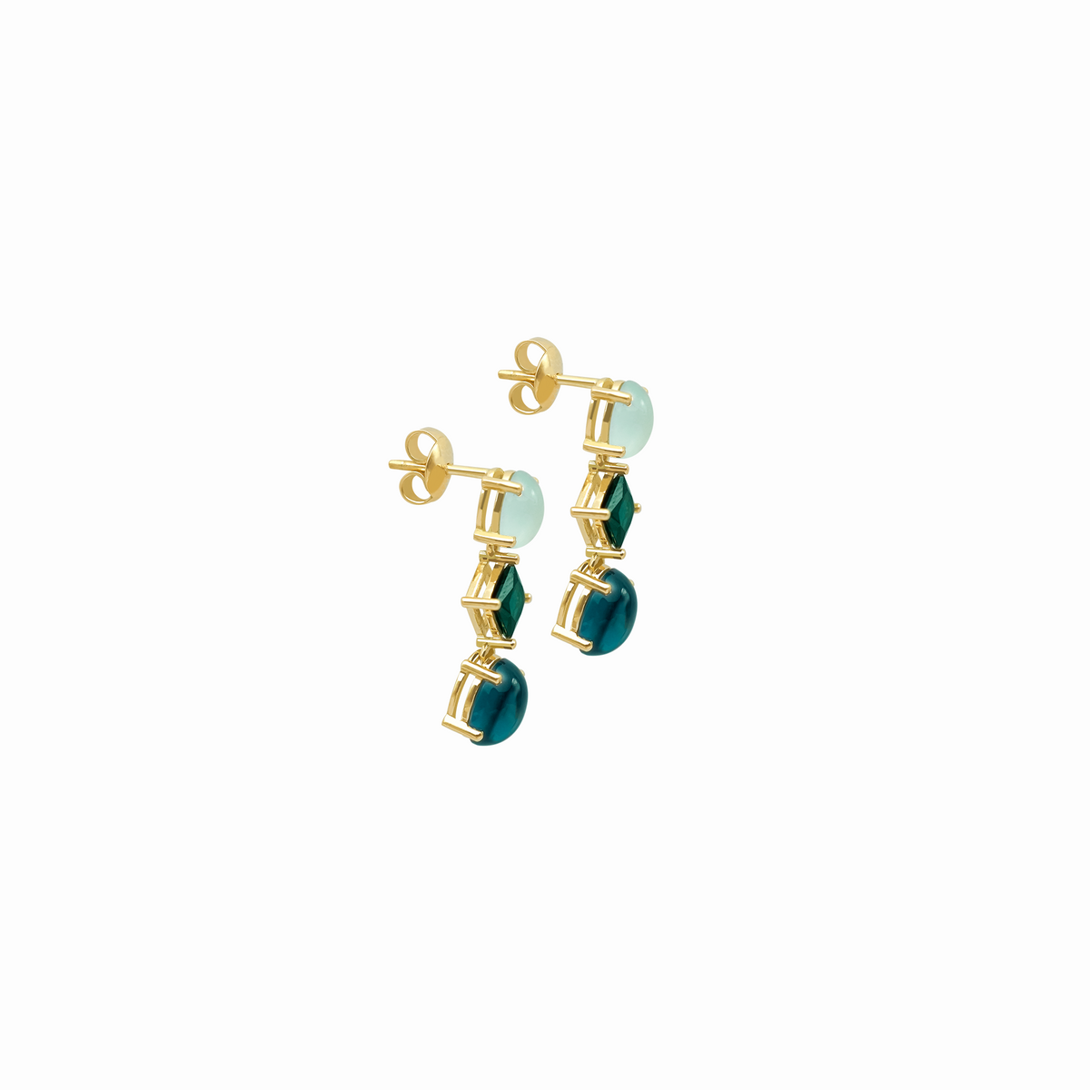 Aretes en oro amarillo 18K con london blue tumalinas verdes y aquamarin