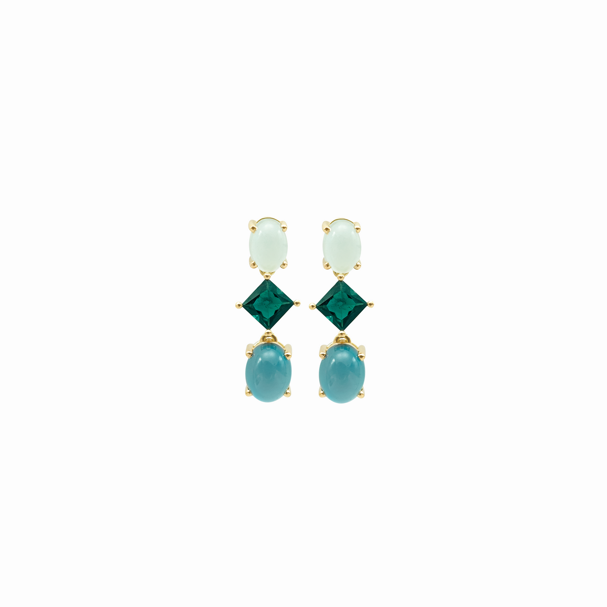 Aretes en oro amarillo 18K con london blue tumalinas verdes y aquamarin