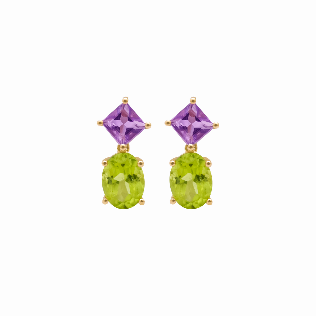 Aretes en oro amarillo 18K con amatista y peridot