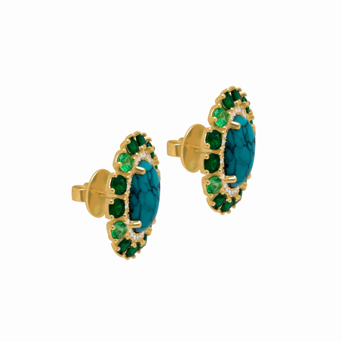 Aretes en oro amarillo 18K con turqueza  cabuchon y tsavoritas
