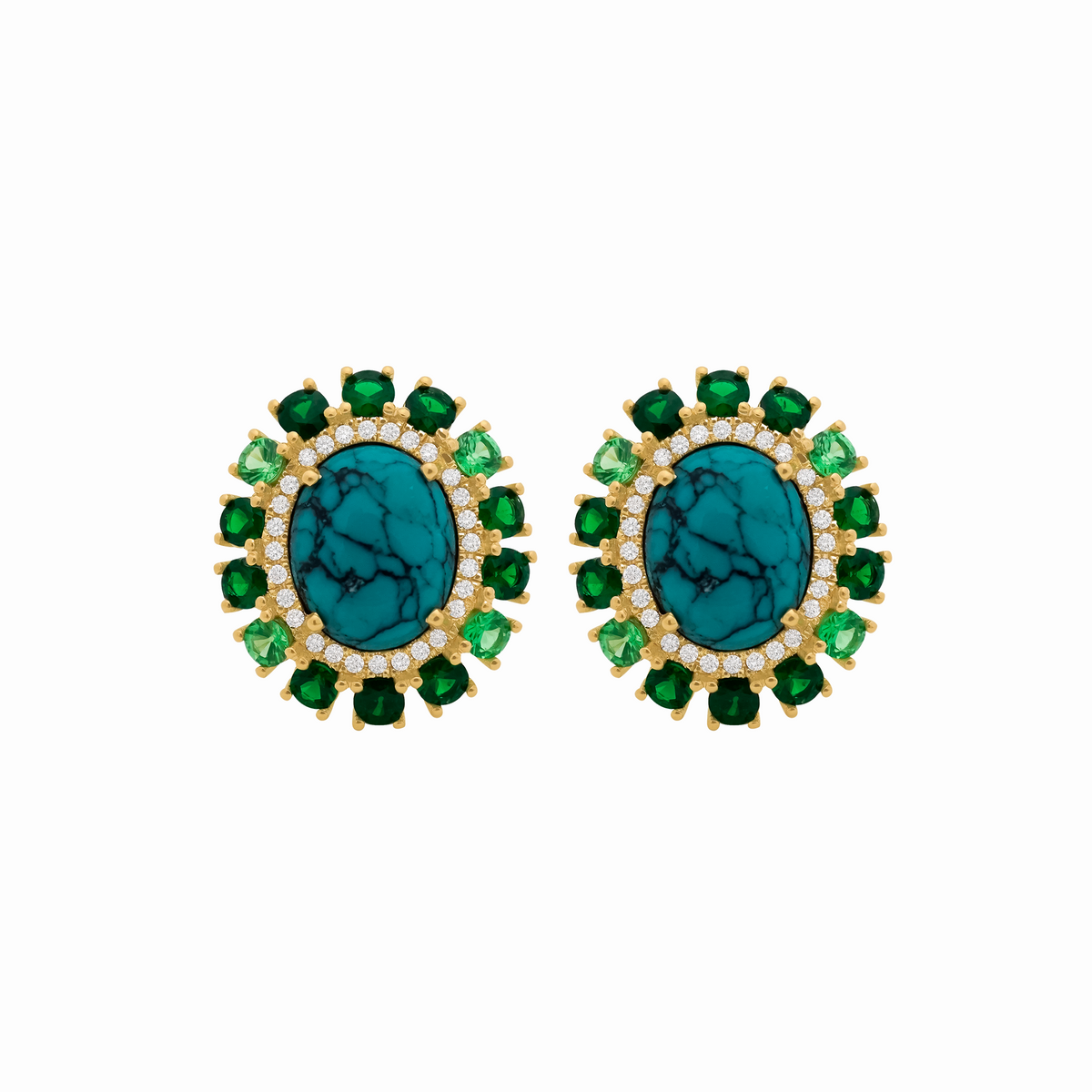 Aretes en oro amarillo 18K con turqueza  cabuchon y tsavoritas
