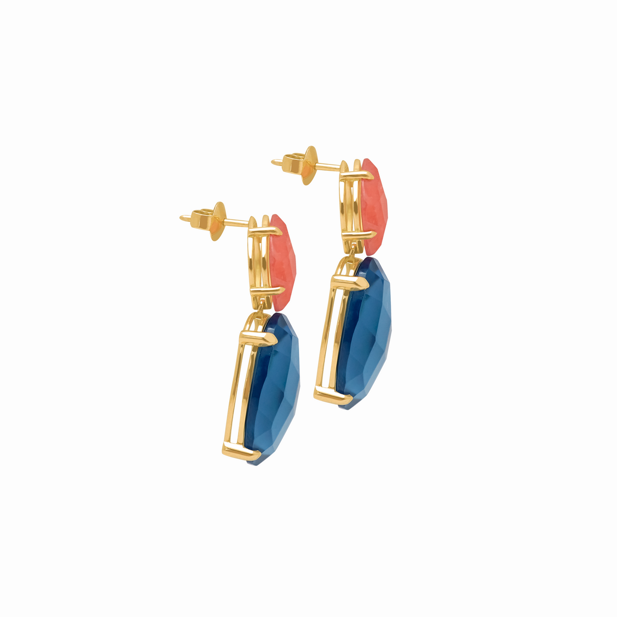Aretes en oro amarillo 18K rodocrosita con topacio y colgante con topacio london blue