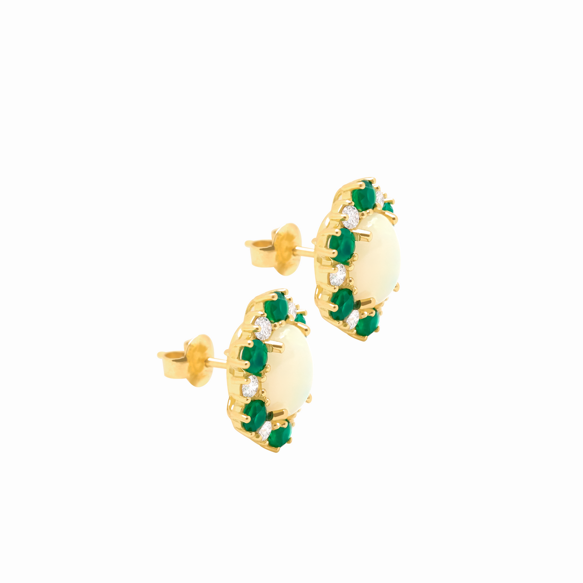 Aretes en oro amarillo 18K Lady Di con opalo cabuchon y agatas verdes