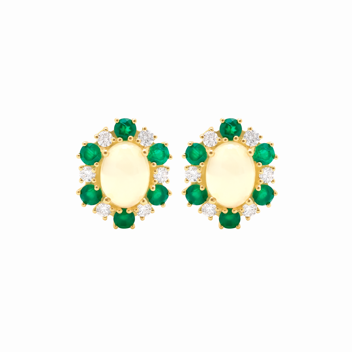 Aretes en oro amarillo 18K Lady Di con opalo cabuchon y agatas verdes