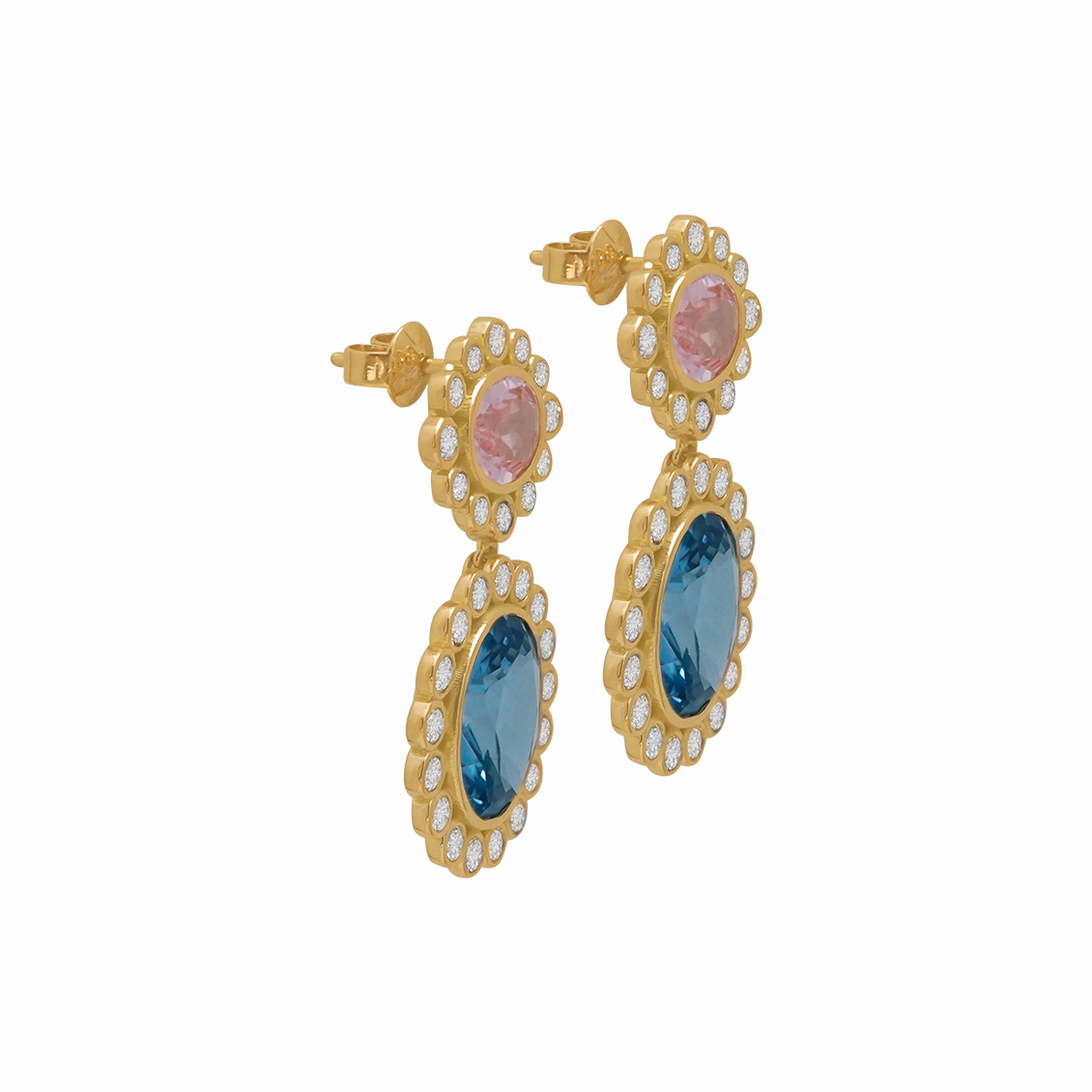 Aretes en oro amarillo 18K con morganita oval, topacio London blue y brillantes