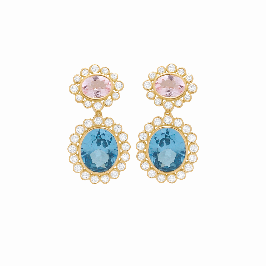 Aretes en oro amarillo 18K con morganita oval, topacio London blue y brillantes