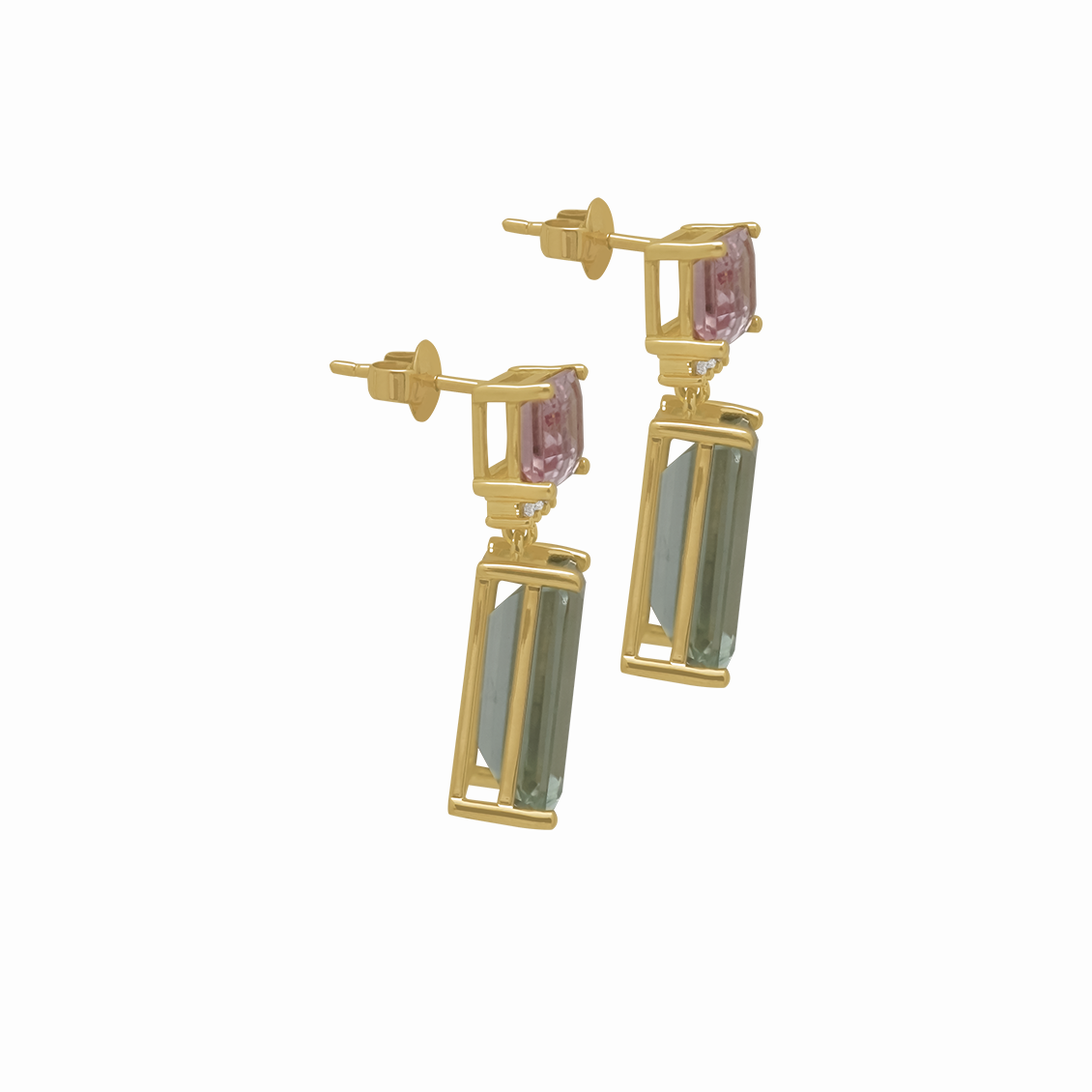 Aretes en oro amarillo con morganita y prasiolite corte esmeralda