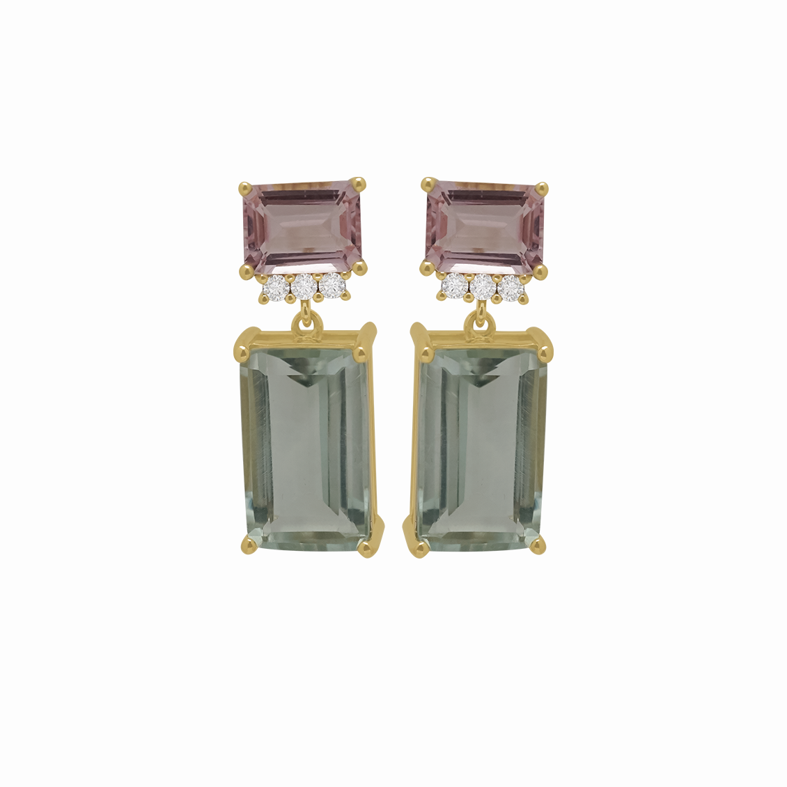 Aretes en oro amarillo con morganita y prasiolite corte esmeralda
