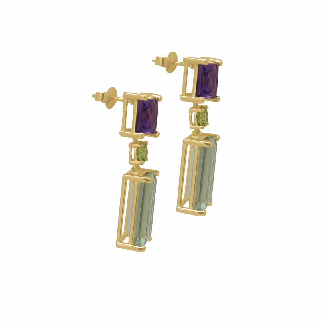 Aretes en oro amarillo 18K con prasiolites, peridotos y amatistas