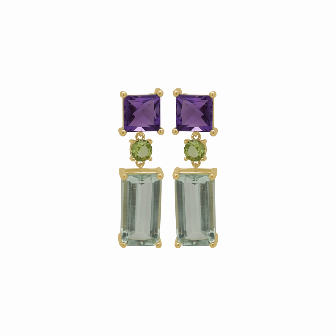 Aretes en oro amarillo 18K con prasiolites, peridotos y amatistas