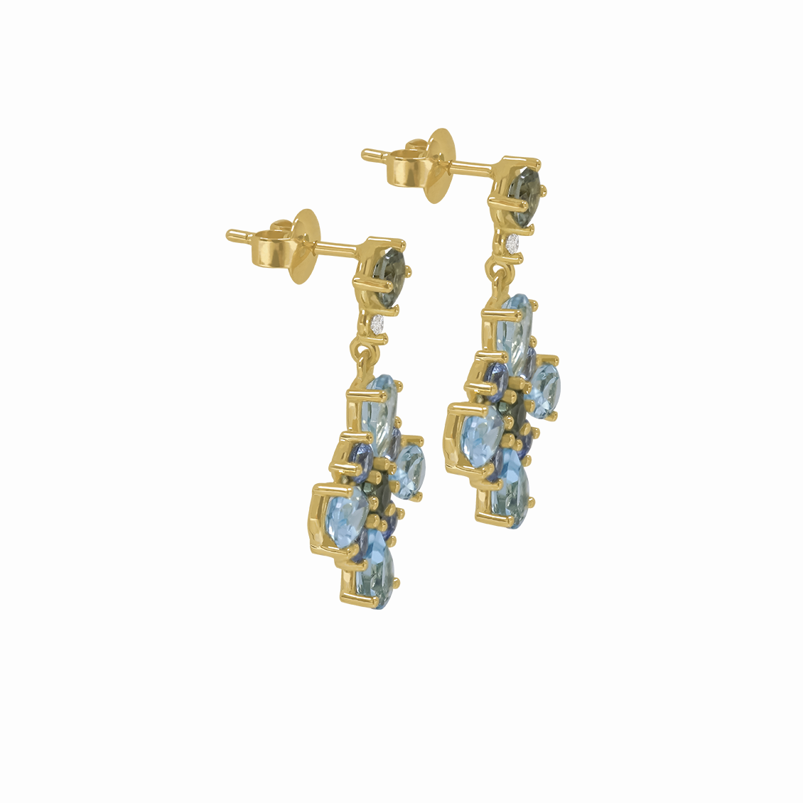Aretes en oro amarillo 18K largos tipo flor con zafiros, turmalinas y verde claro.