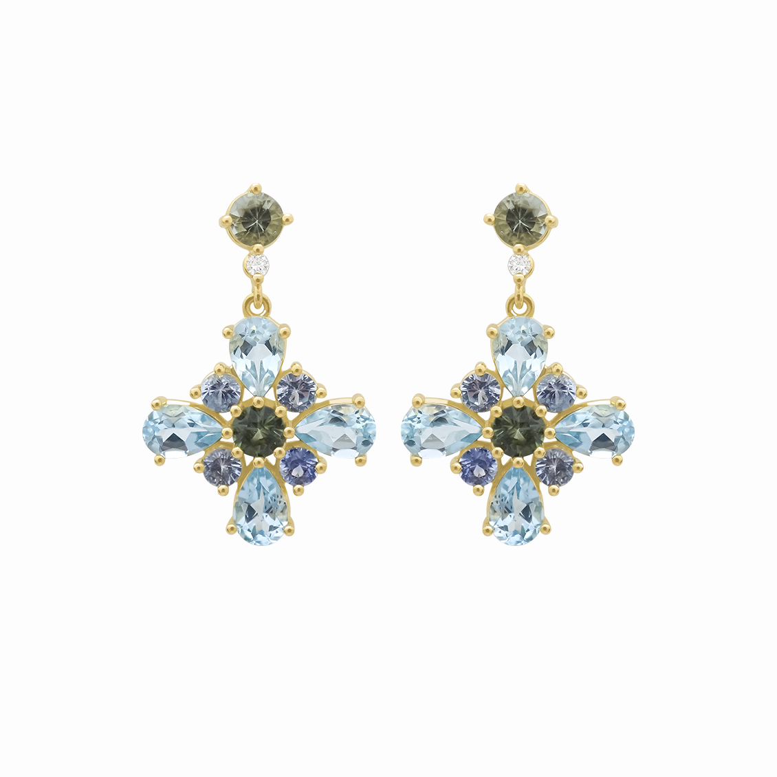 Aretes en oro amarillo 18K largos tipo flor con zafiros, turmalinas y verde claro.